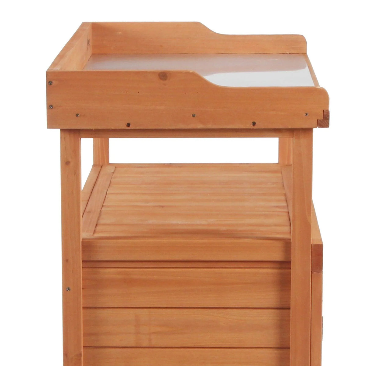 Wood potting bench with raised worktop and open lower shelf storage