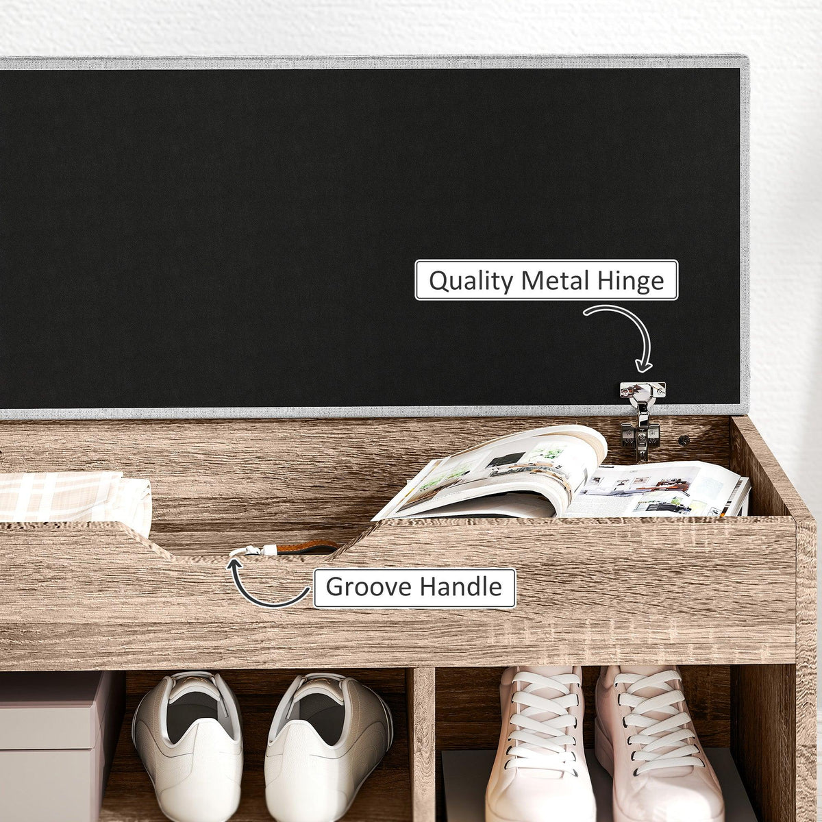 Wood-grain cabinet with metal hinge and grooved handle, open shoe storage
