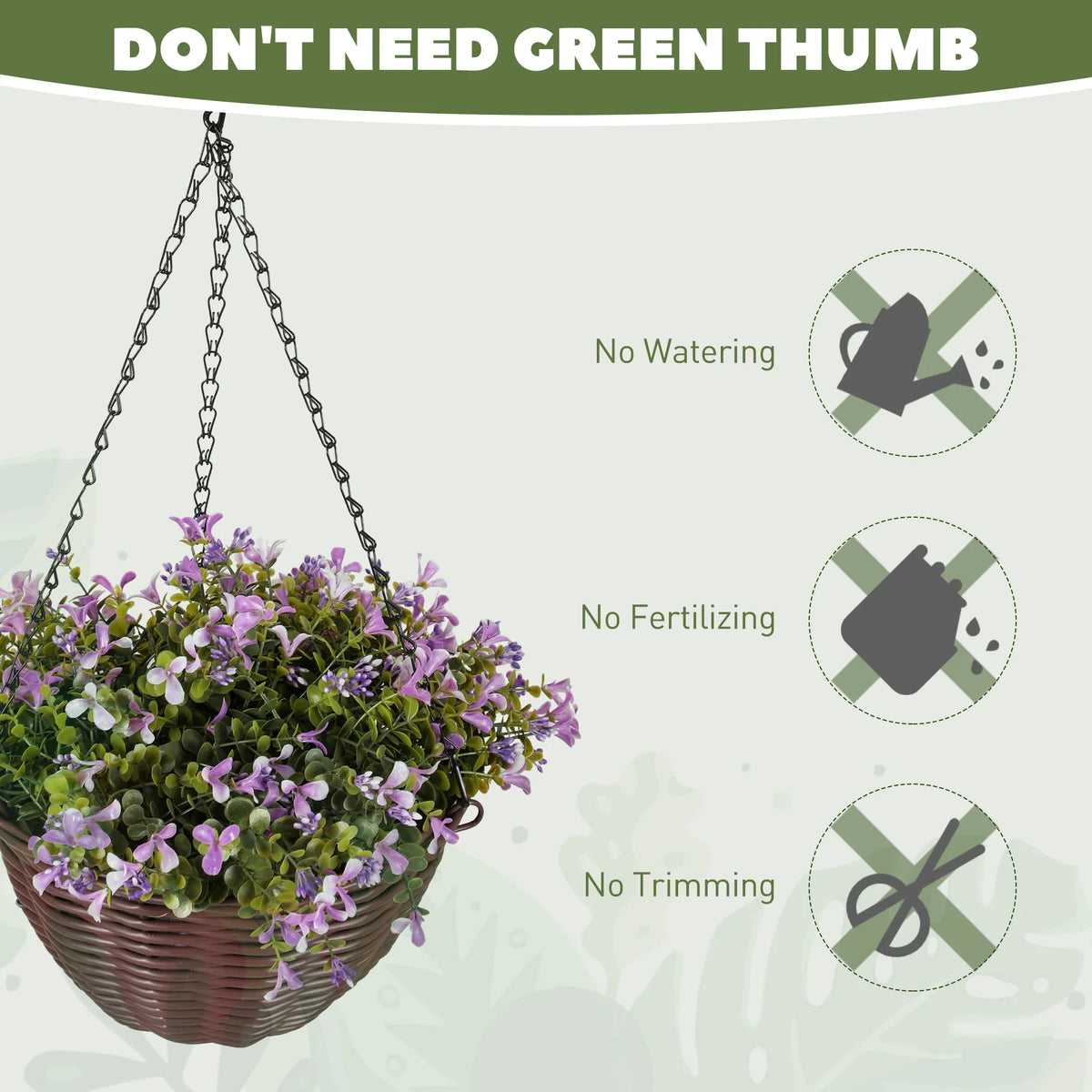 Purple artificial hanging baskets with green leaves and faux flowers, chain-hung wicker pots