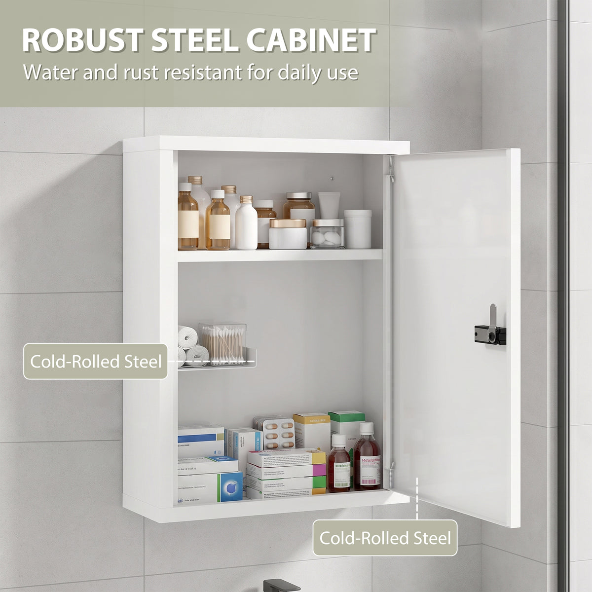White wall-mount steel medicine cabinet with combination lock and organized interior shelves