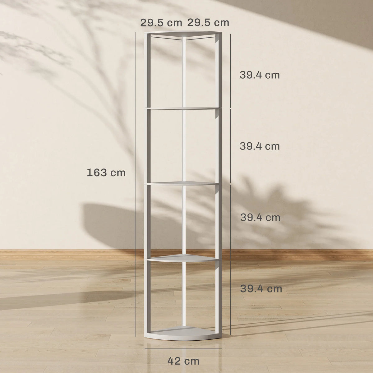 Tall RGB LED floor lamp with grey frame and 5-tier glass shelves, front view