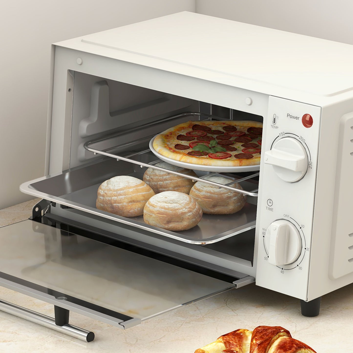 Homcom 9L Countertop Mini Oven Toaster Oven With Adjustable Temperature Timer And 750W Cream