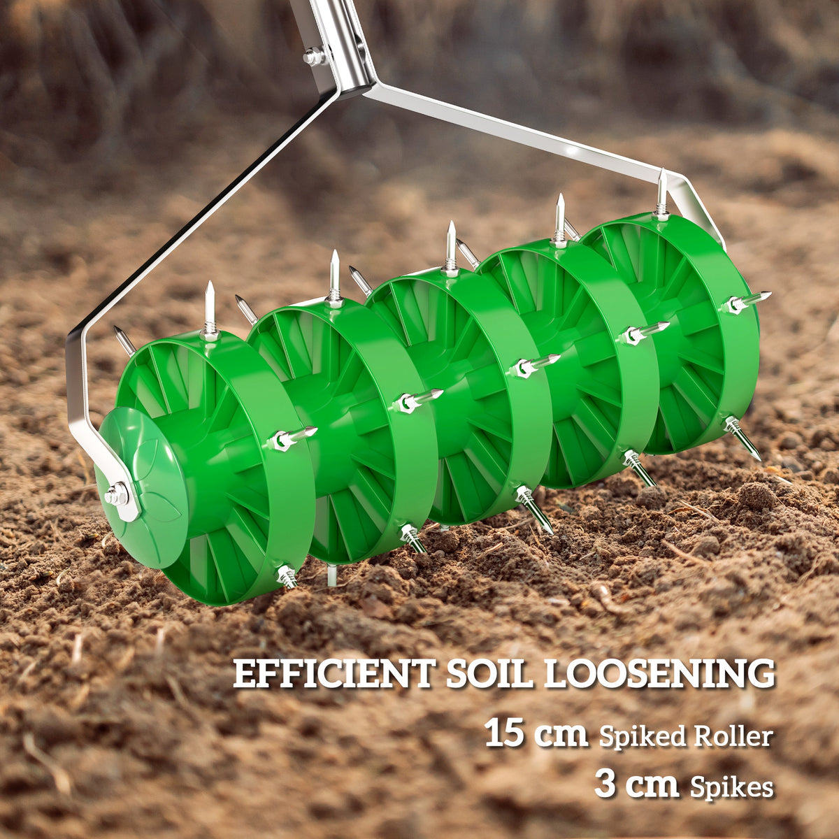 Green spiked roller lawn aerator with metal handle, spiked wheels for soil loosening