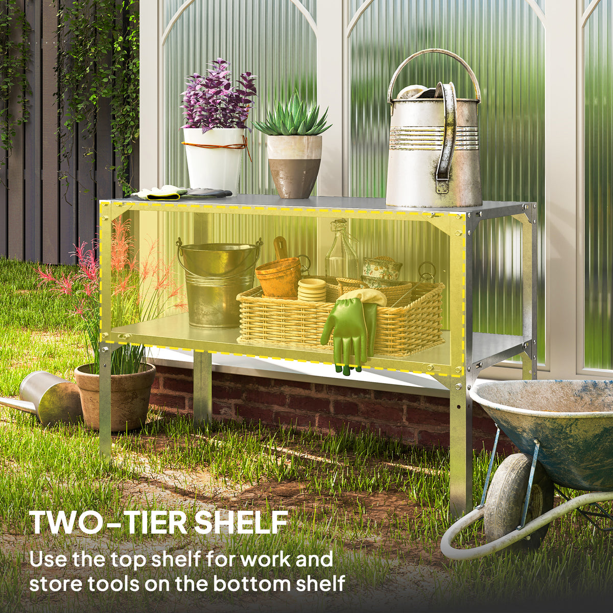 Two-tier galvanised steel potting bench with top surface and bottom storage shelf