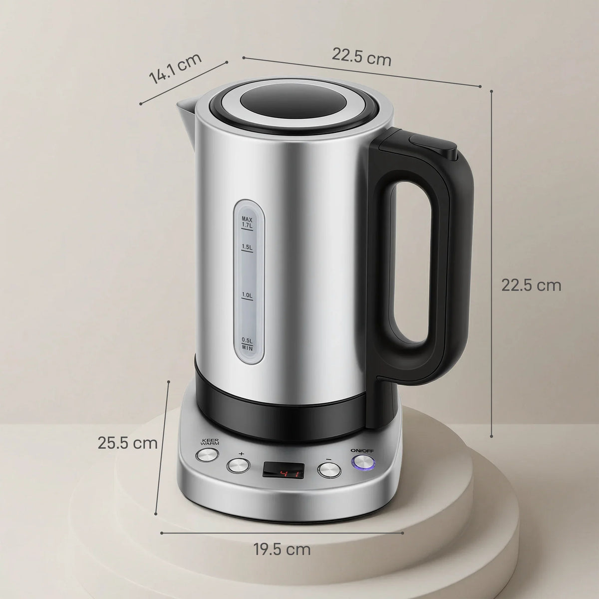 Silver electric kettle on base with black handle; side view with height markers
