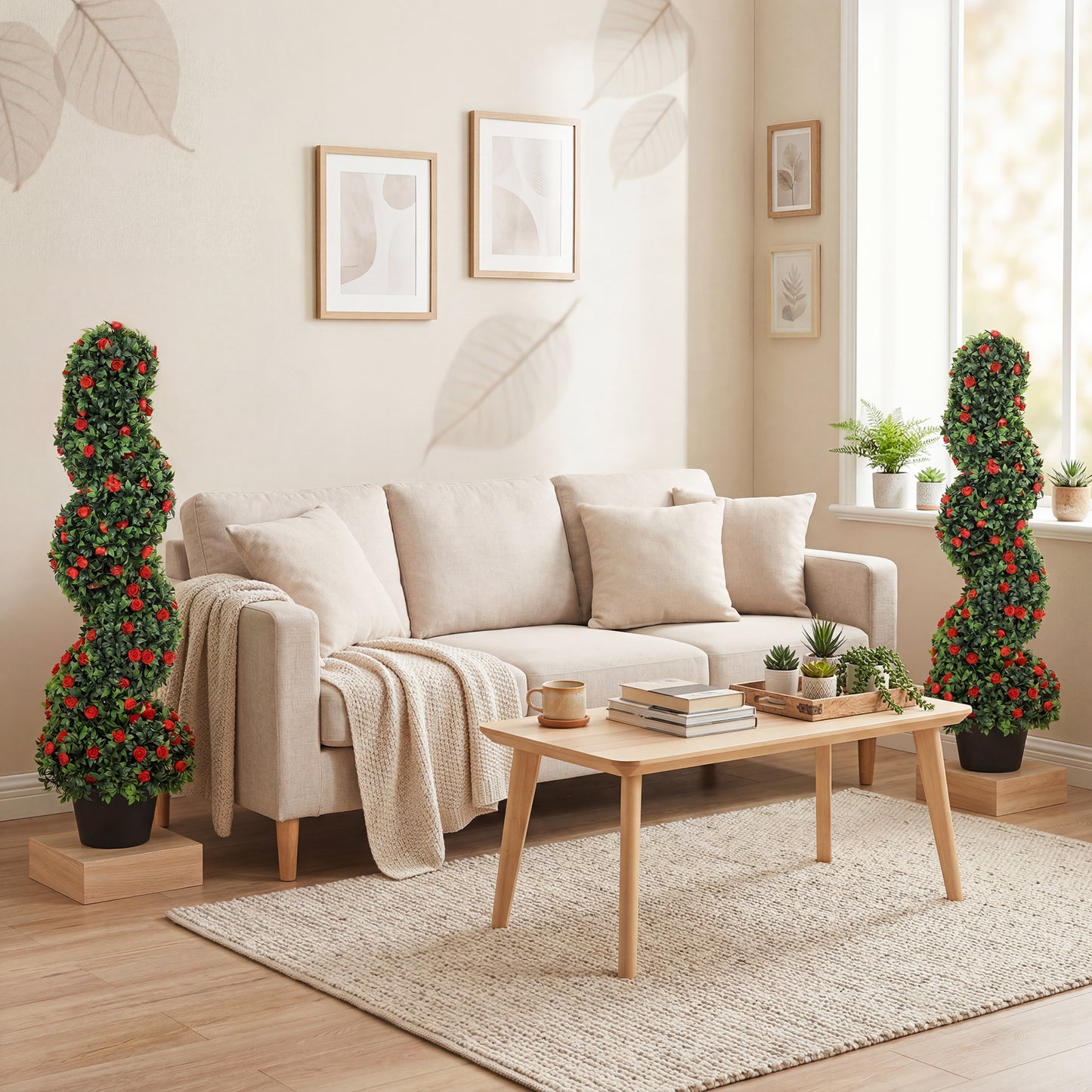 HOMCOM Artificial Rose Spiral Topiary Tree Set Of 2 For Indoor Outdoor Use 90cm With 630 Leaves