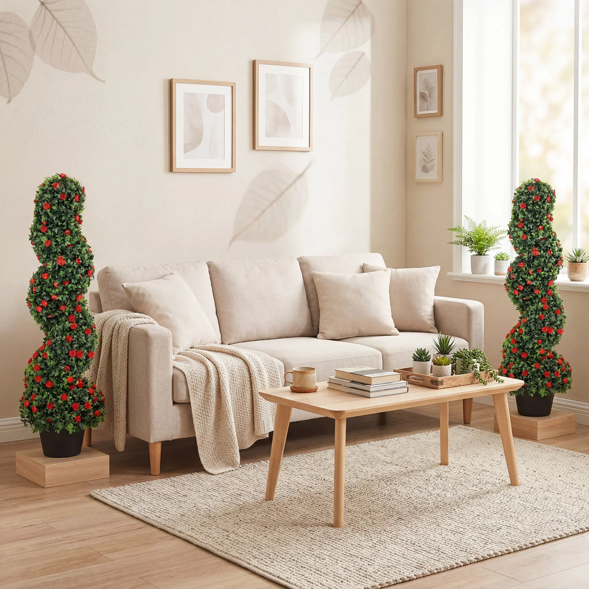 Pair of spiral artificial rose topiary trees with red blooms and green foliage in black pots