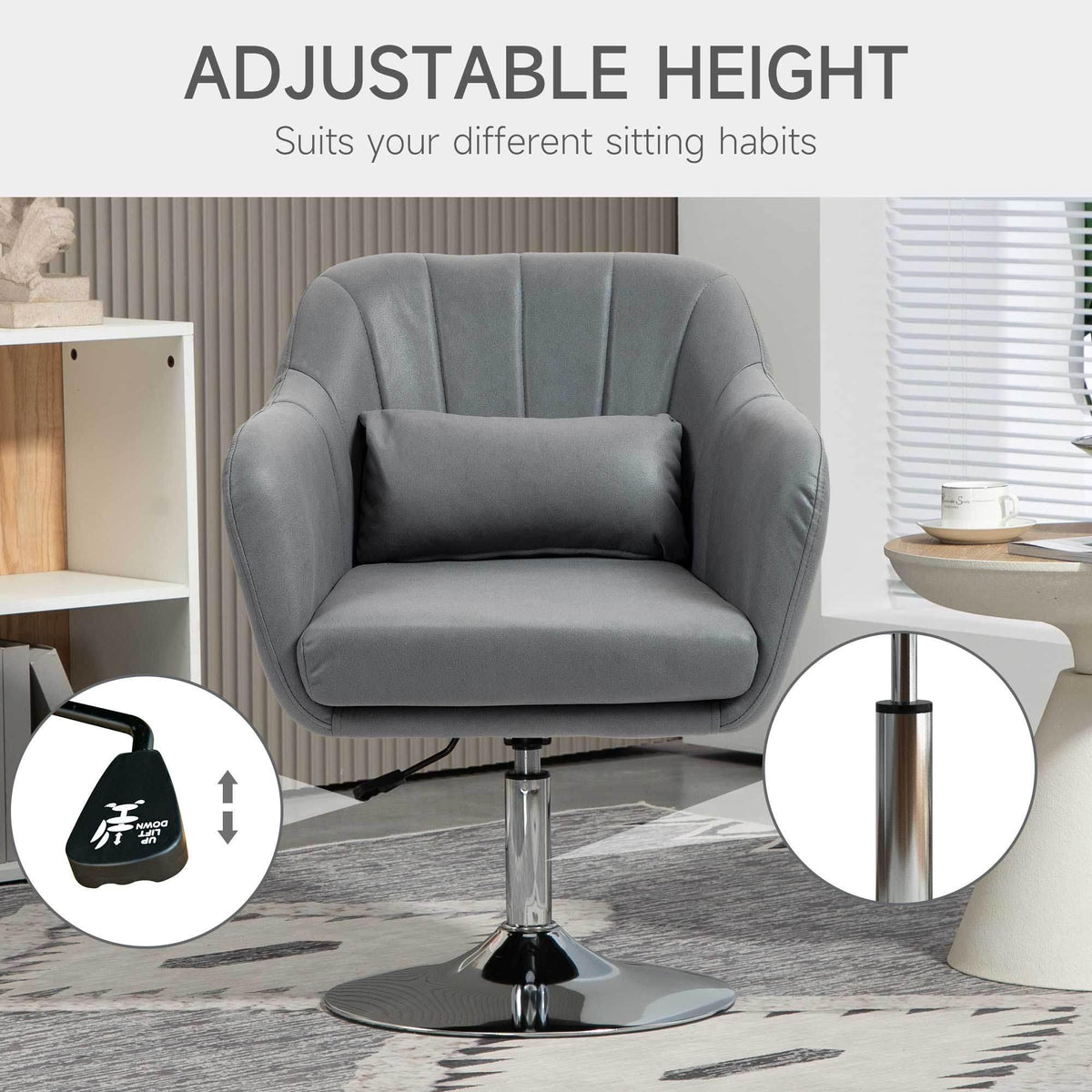 Grey adjustable-height swivel accent armchair with round seat and curved backrest