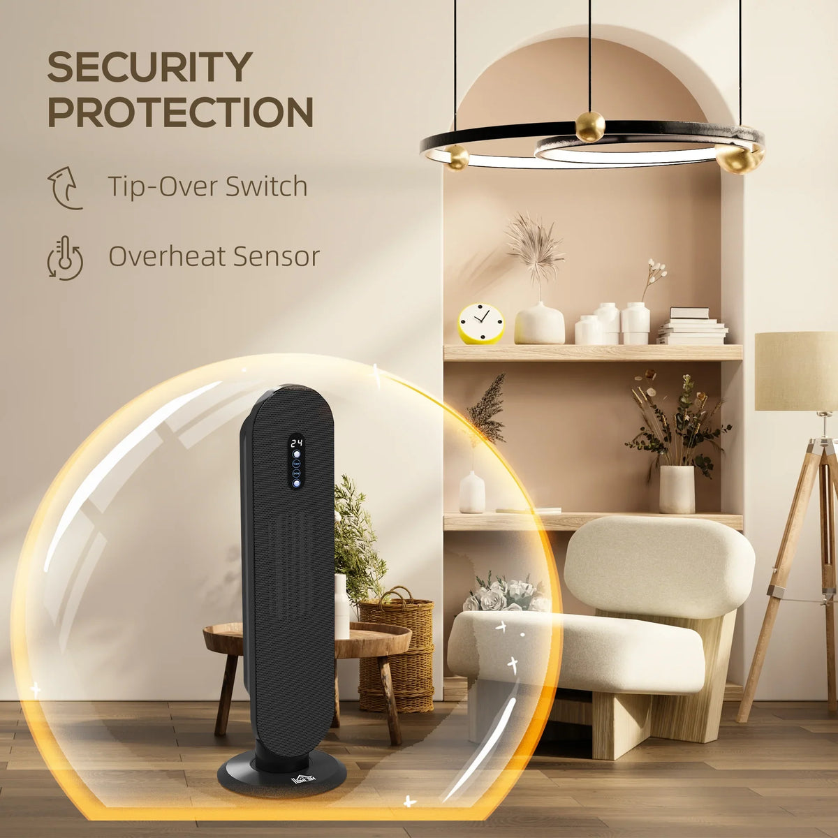 Black ceramic tower space heater with LED display and safety protection features
