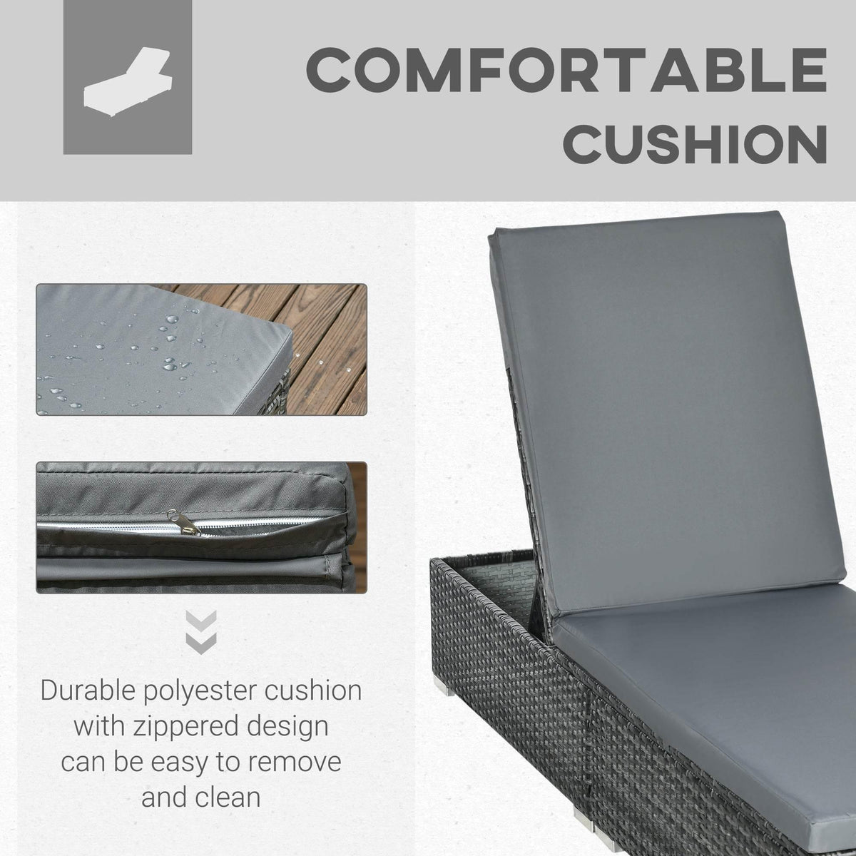 Grey zipped cushion for reclining lounger on dark woven rattan frame