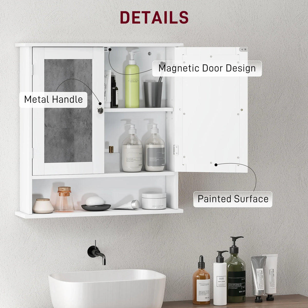 Wall-mounted white bathroom cabinet with metal handle, magnetic door, and painted finish