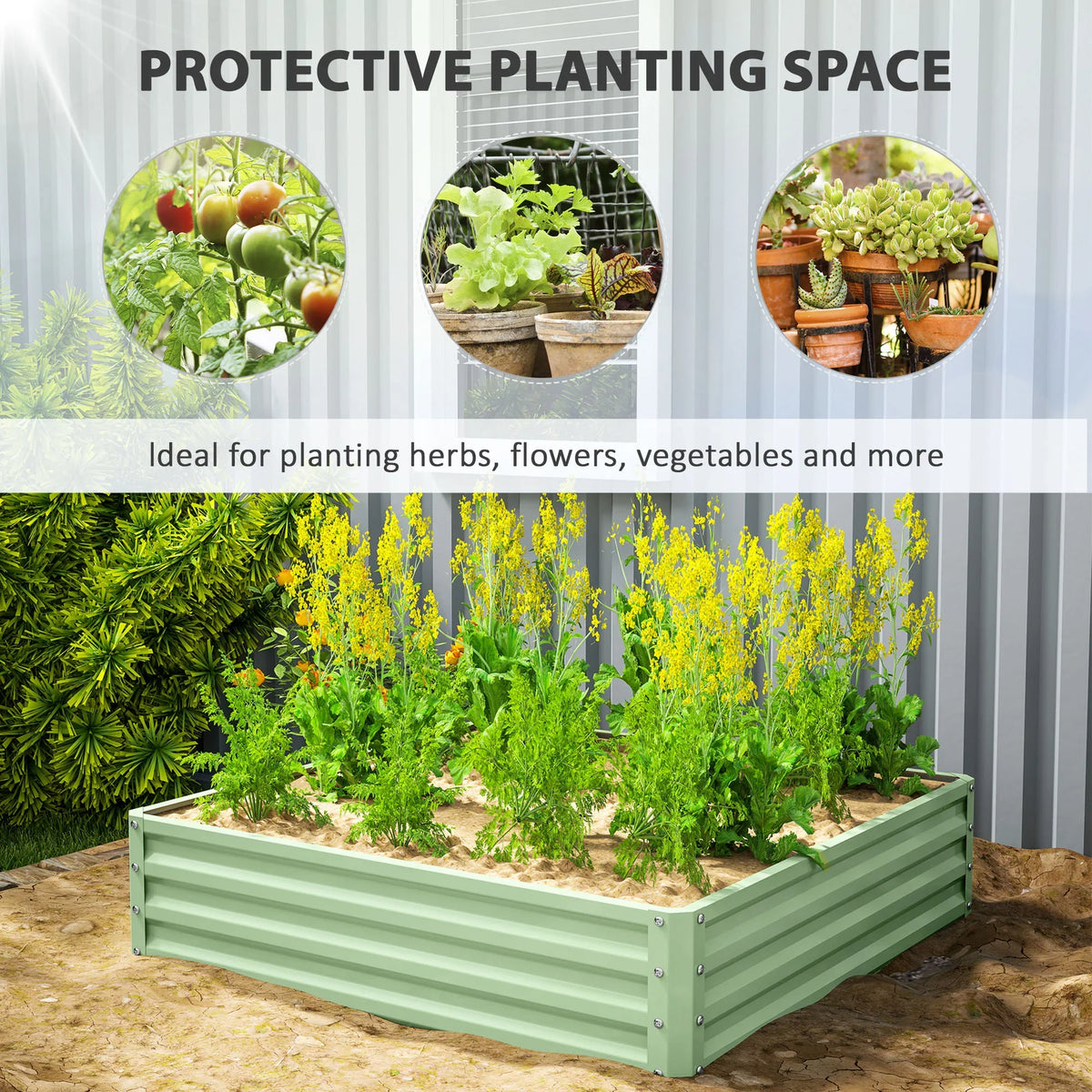 Light green raised planter box holding mixed herbs and green leafy plants