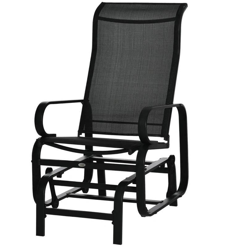 Black mesh patio gliding rocking chair with curved armrests and metal base