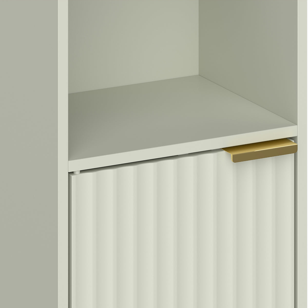 Light green bookcase interior shelf with metal support rail and slotted pin system
