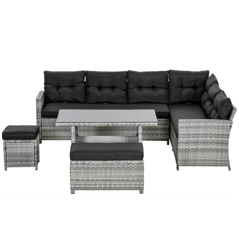 Grey corner patio sofa set with black cushions, footstools, and glass coffee table