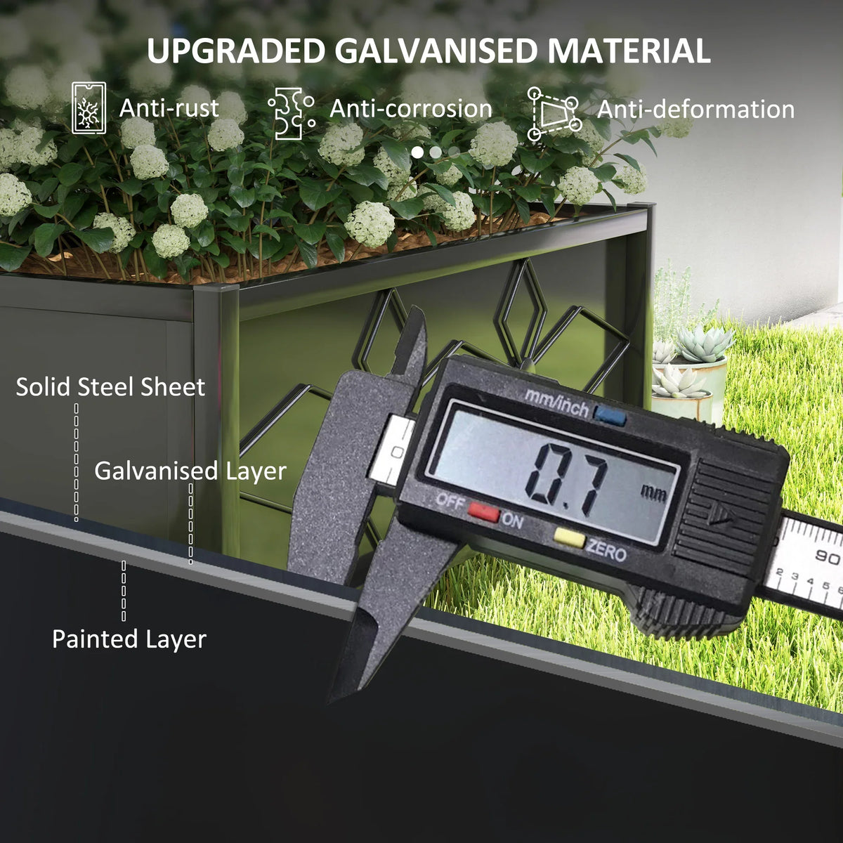 Black galvanized steel raised planter bed with trellis, close-up of metal layers
