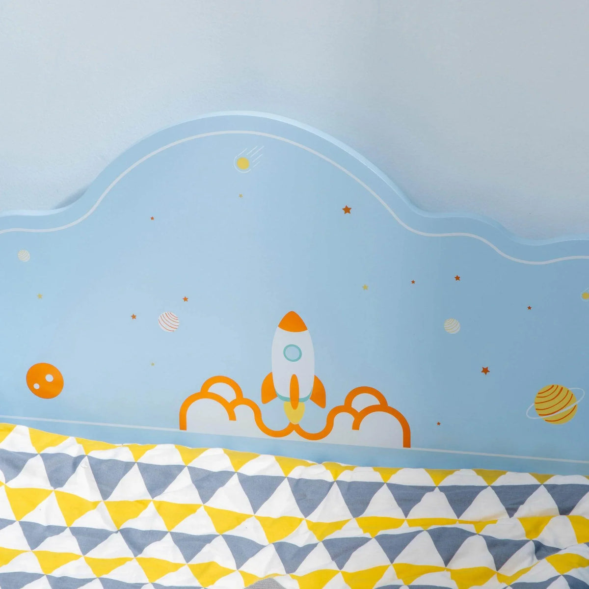 Light blue bed end panel featuring a rocket graphic with planets and stars