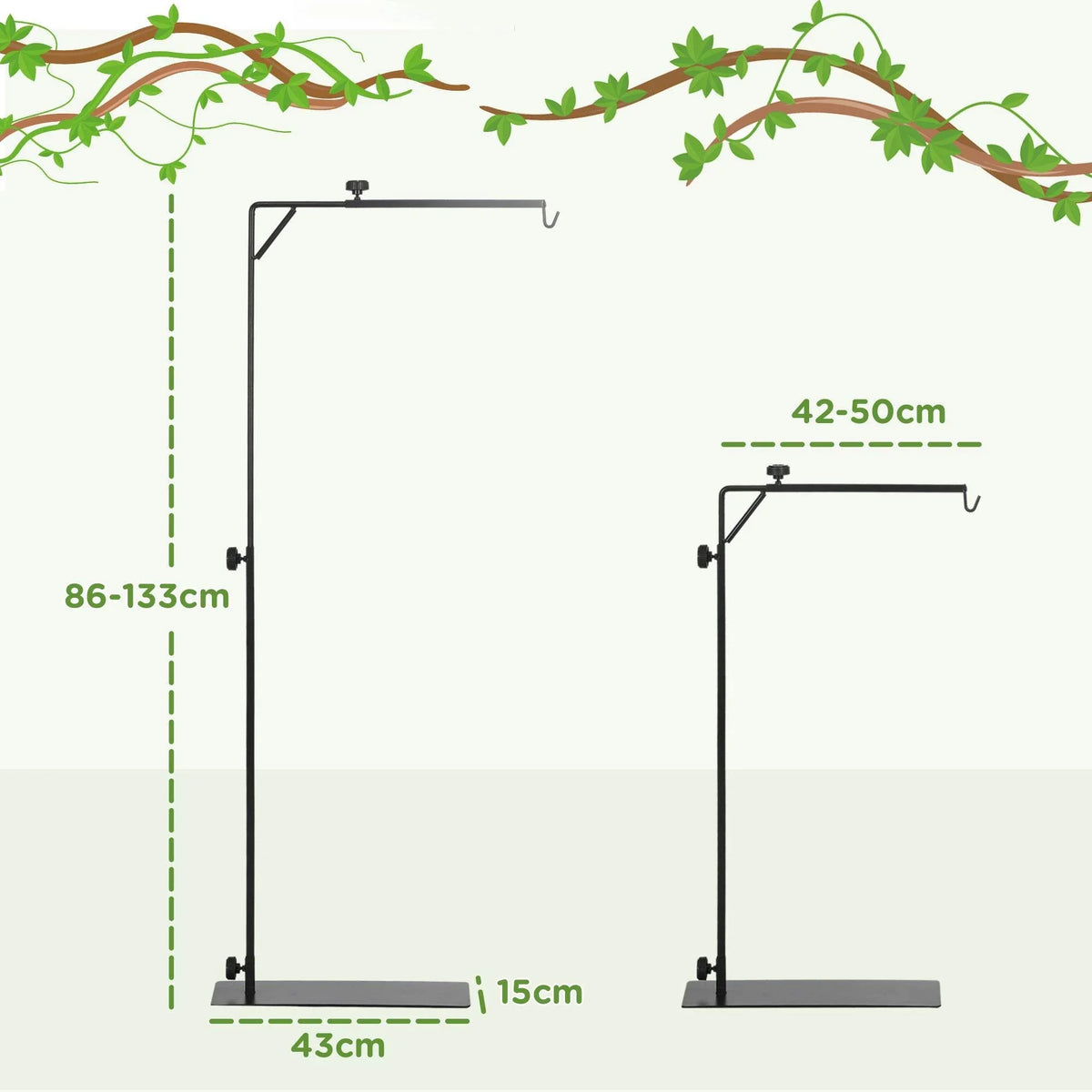 Adjustable black lamp stand for reptile terrariums with height measurements shown