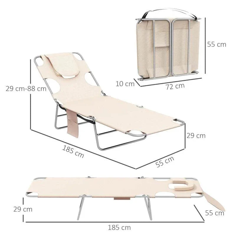 Beige foldable sun lounger set of 2 with adjustable backrest and side pocket