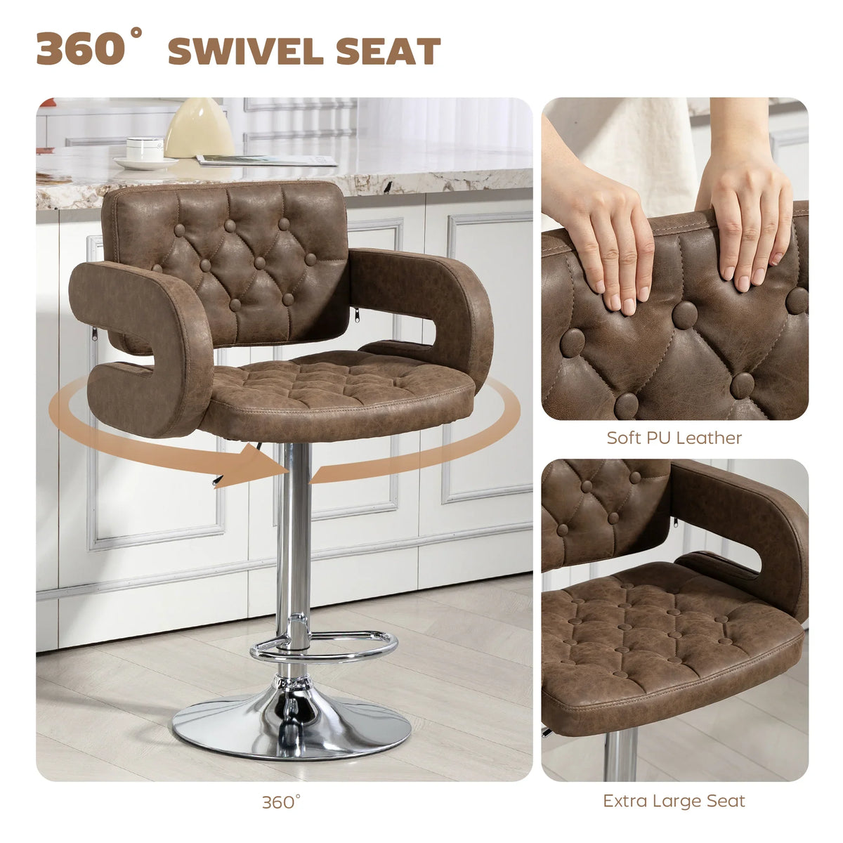 Brown swivel bar stool with tufted seat, armrests, and chrome pedestal base.