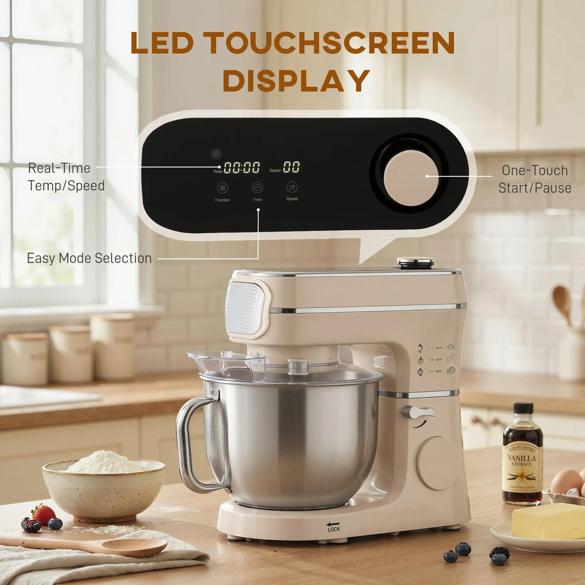 Cream stand mixer with LED touchscreen display and stainless steel mixing bowl