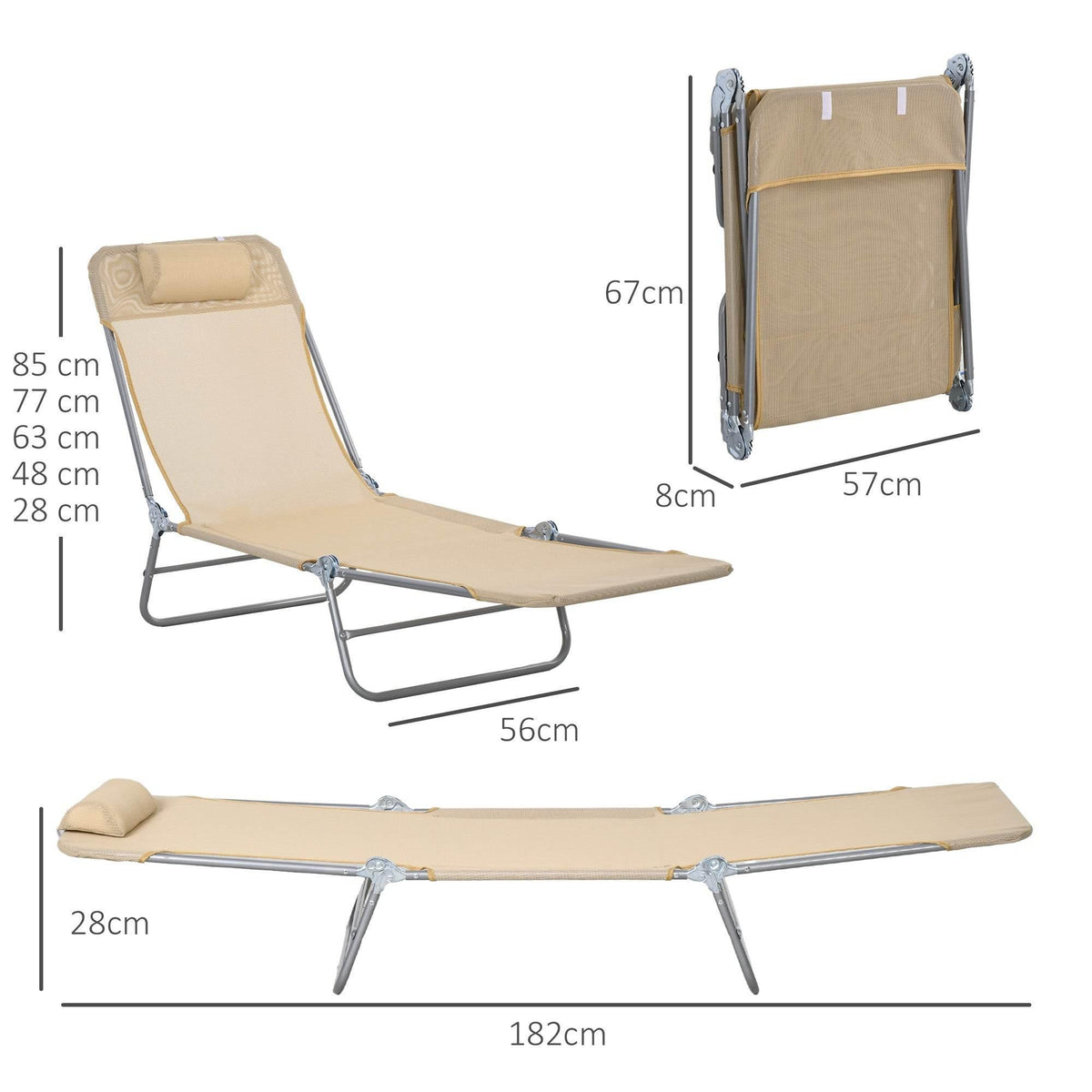 Adjustable sun lounger with beige padded seat and backrest, foldable steel base