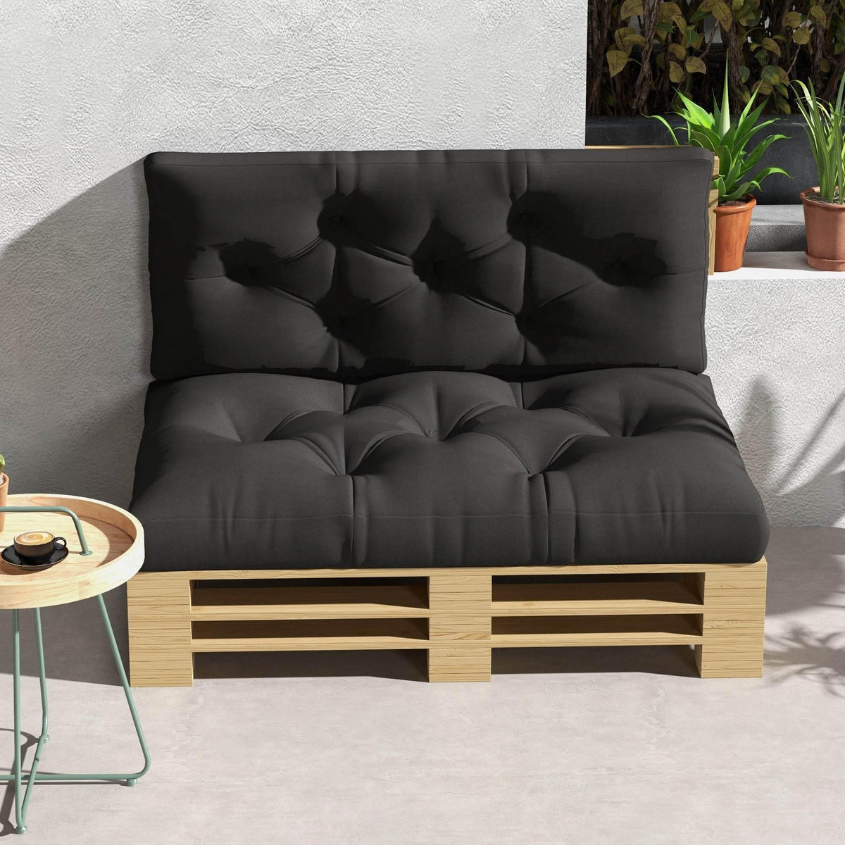 Charcoal grey outdoor pallet seat cushion and back pillow set with tufted seat and back