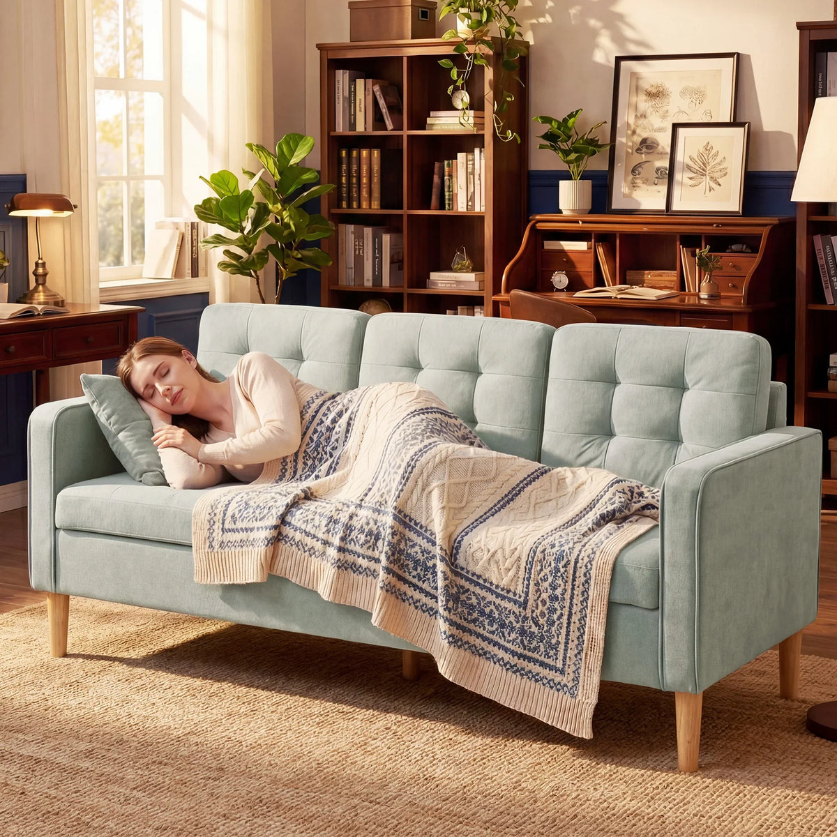Light grey 3-seater sofa with tufted back and seat, styled with a patterned throw blanket