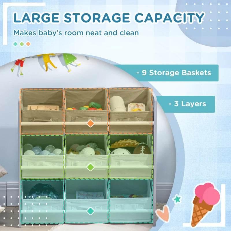 Grey storage organizer with 9 fabric baskets and layered toy storage
