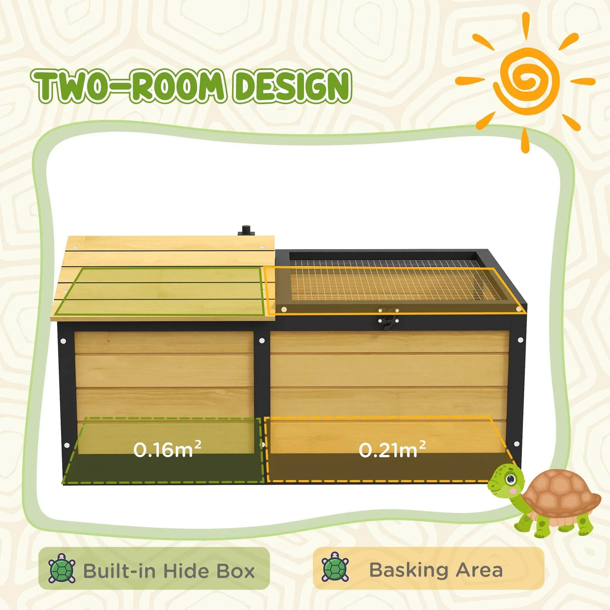 Two-room tortoise habitat with hide box and wire-mesh basking area in yellow and black
