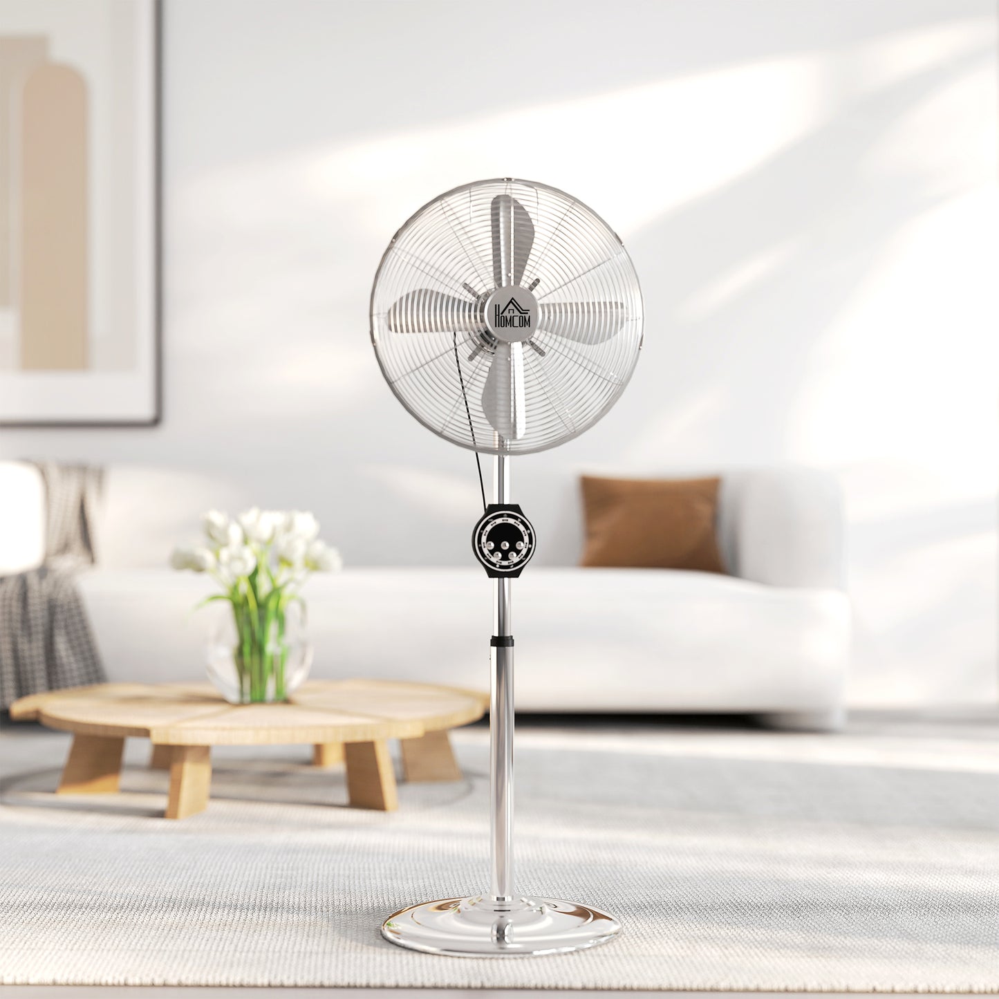 Homcom 16 Inch Metal Pedestal Fan With Auto Oscillation Adjustable Height Copper Motor And Three Speed Settings