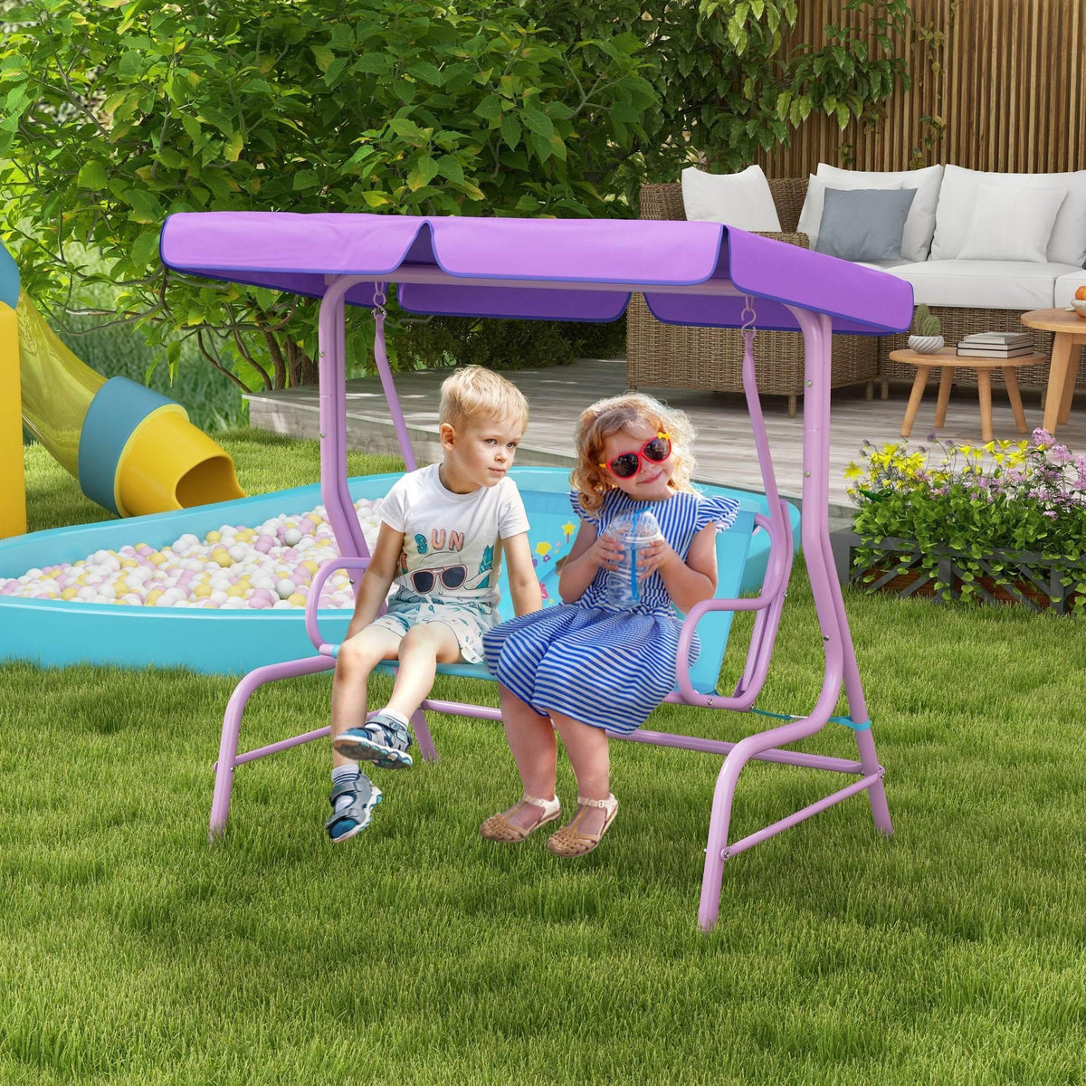 Kids double-seat swing chair with purple frame, blue seat, and adjustable canopy