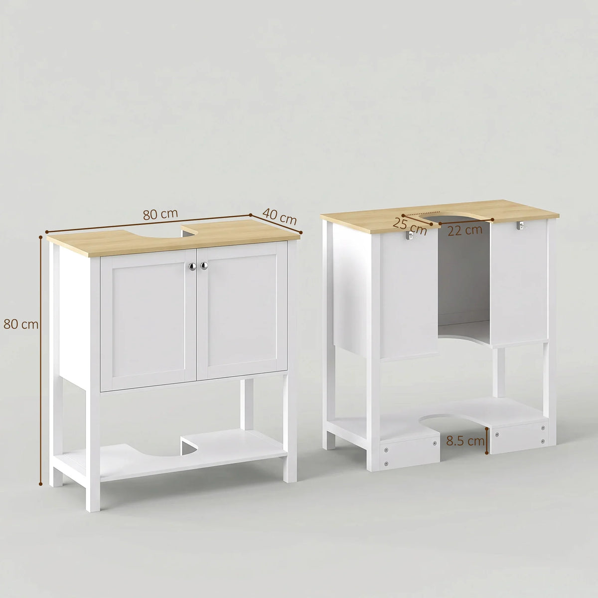 White under-sink cabinet with two doors, wood top, U-cutout, open shelf, dimensions.
