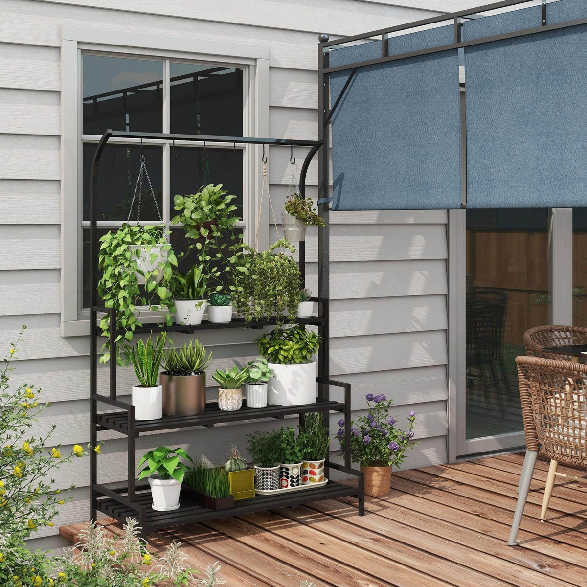 Black 3-tier plant rack with hanging hooks and open metal shelves for potted plants