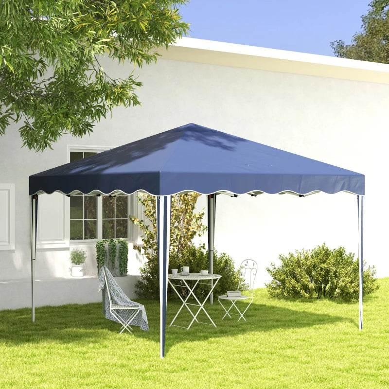 Blue pop-up gazebo with scalloped valance and silver frame, assembled outdoors