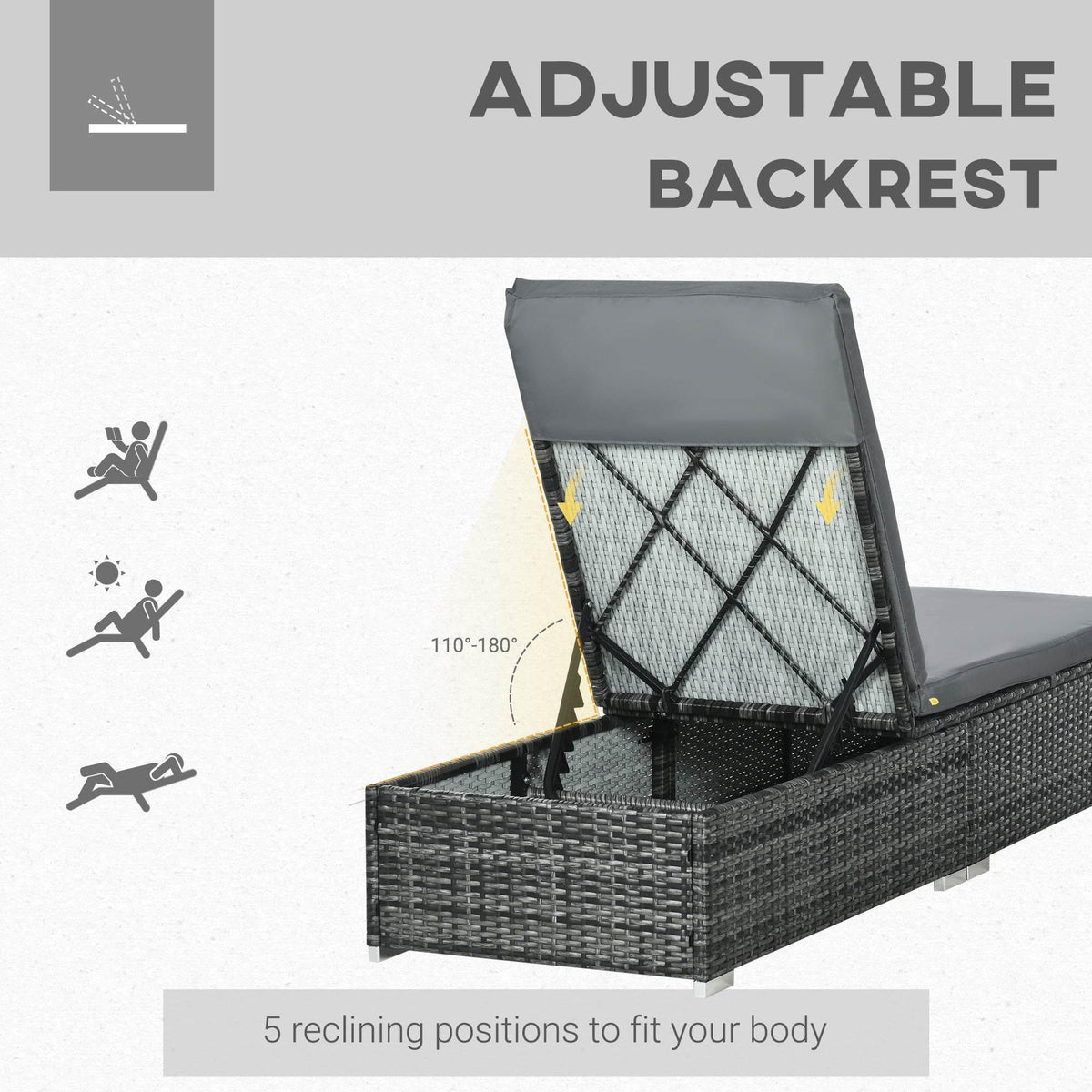 Adjustable reclining backrest lounger with dark woven rattan base