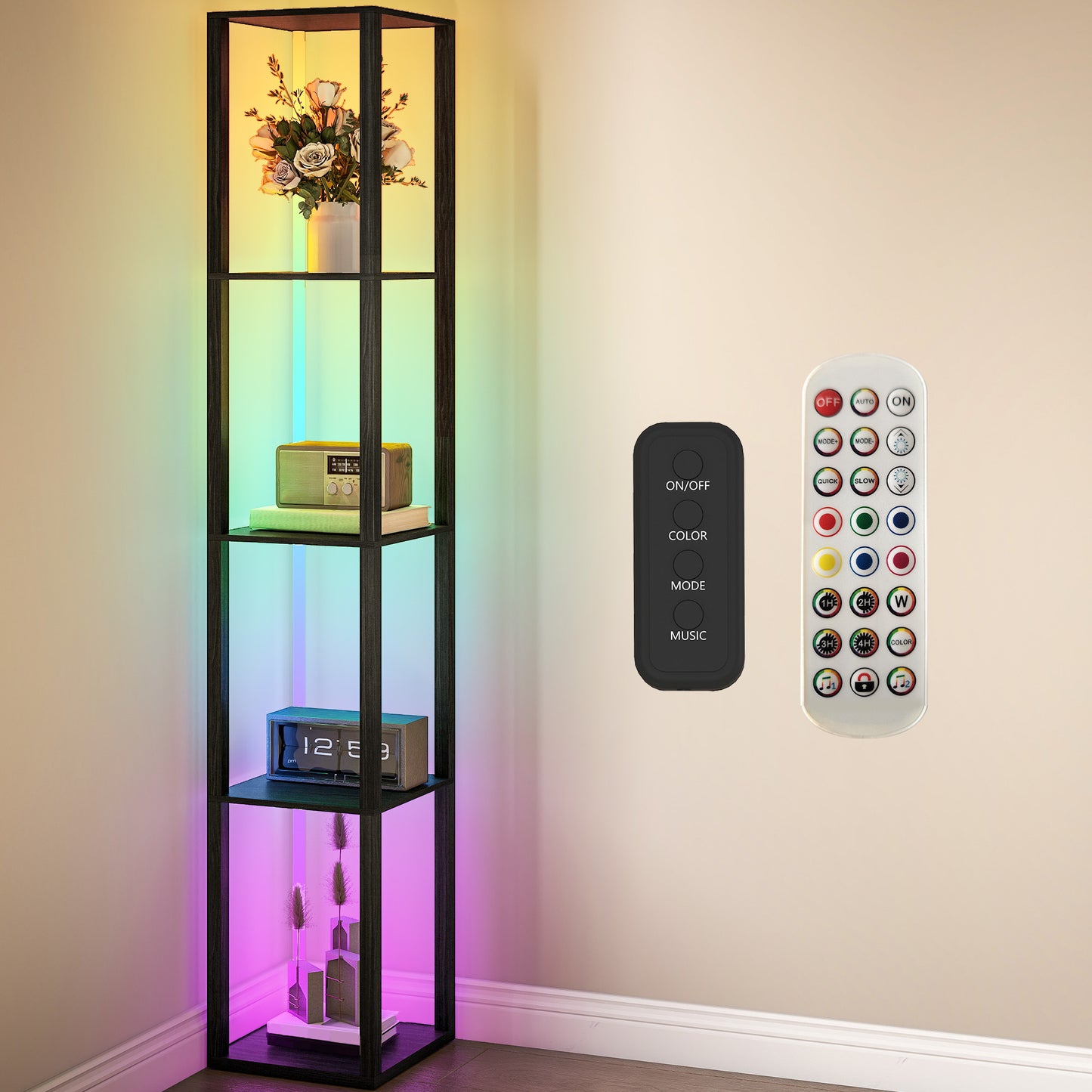 HOMCOM RGB LED Floor Lamp With Shelves Dimmable Standing Lamp With Remote Control Black