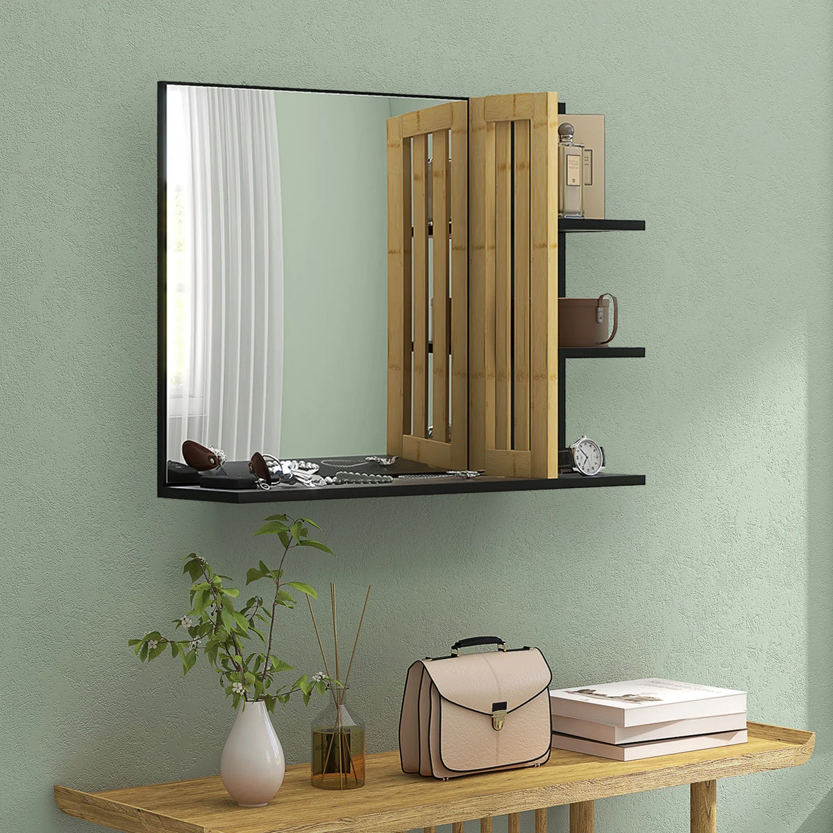 Bathroom mirror cabinet with bamboo frame and four black shelves for toiletries