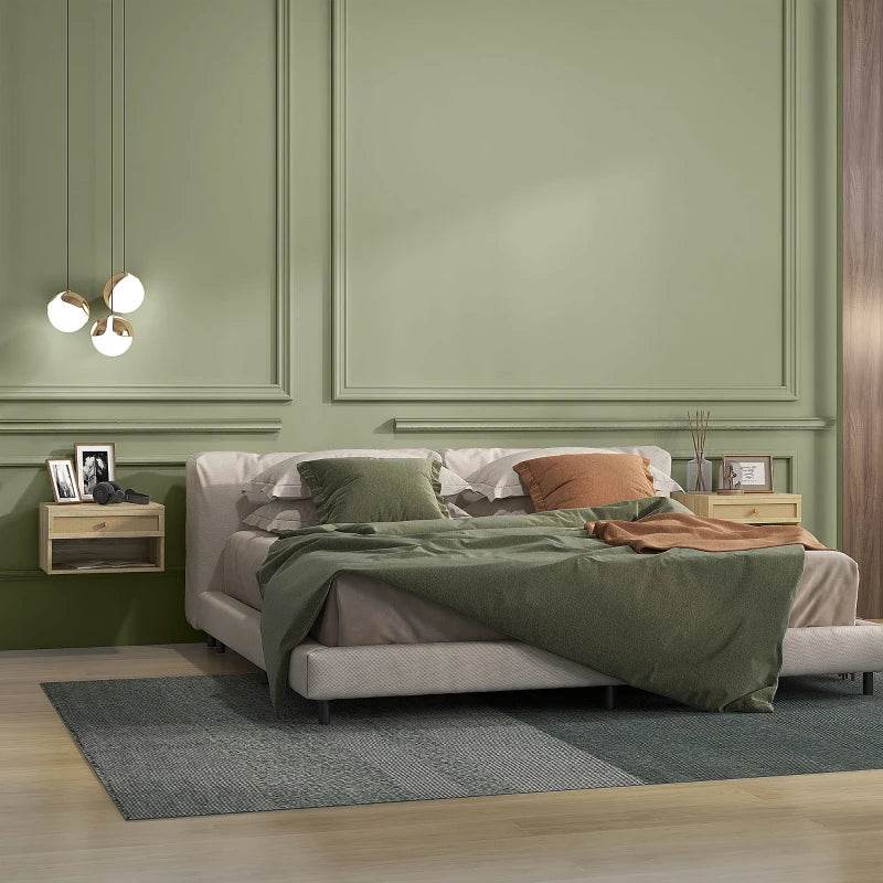 HOMCOM Set of 2 Floating Bedside Tables with Rattan Panels - Wood-Effect Nightstands - ALL4U RETAILER LTD