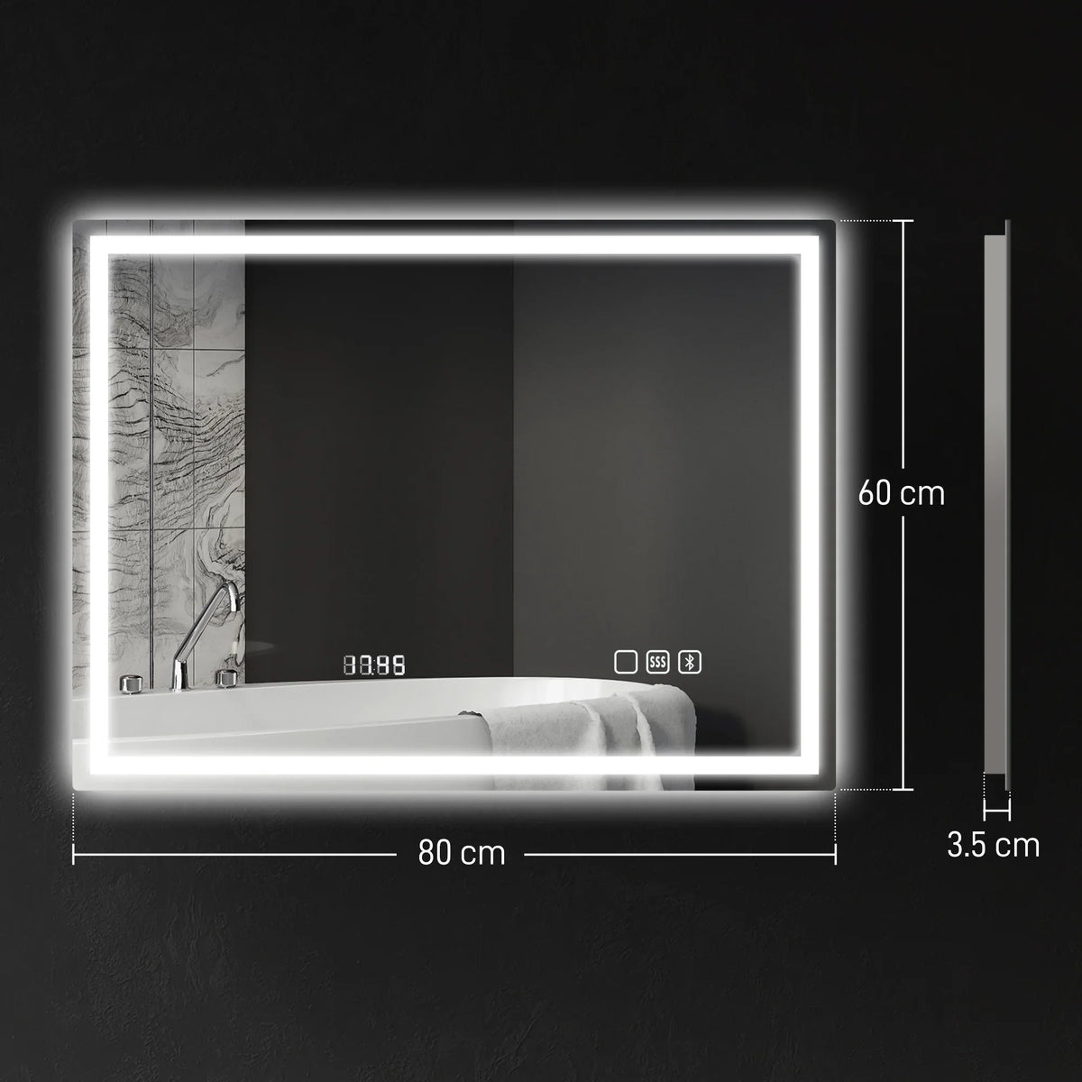 Silver LED bathroom mirror, 80 x 60 cm, 3.5 cm slim depth, anti-fog