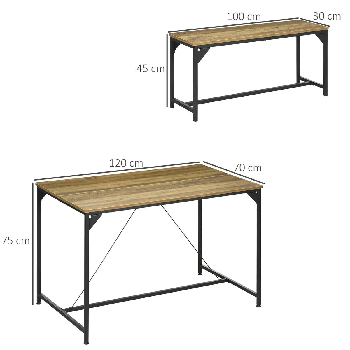 Wood-look dining table with black metal legs and diagonal support braces