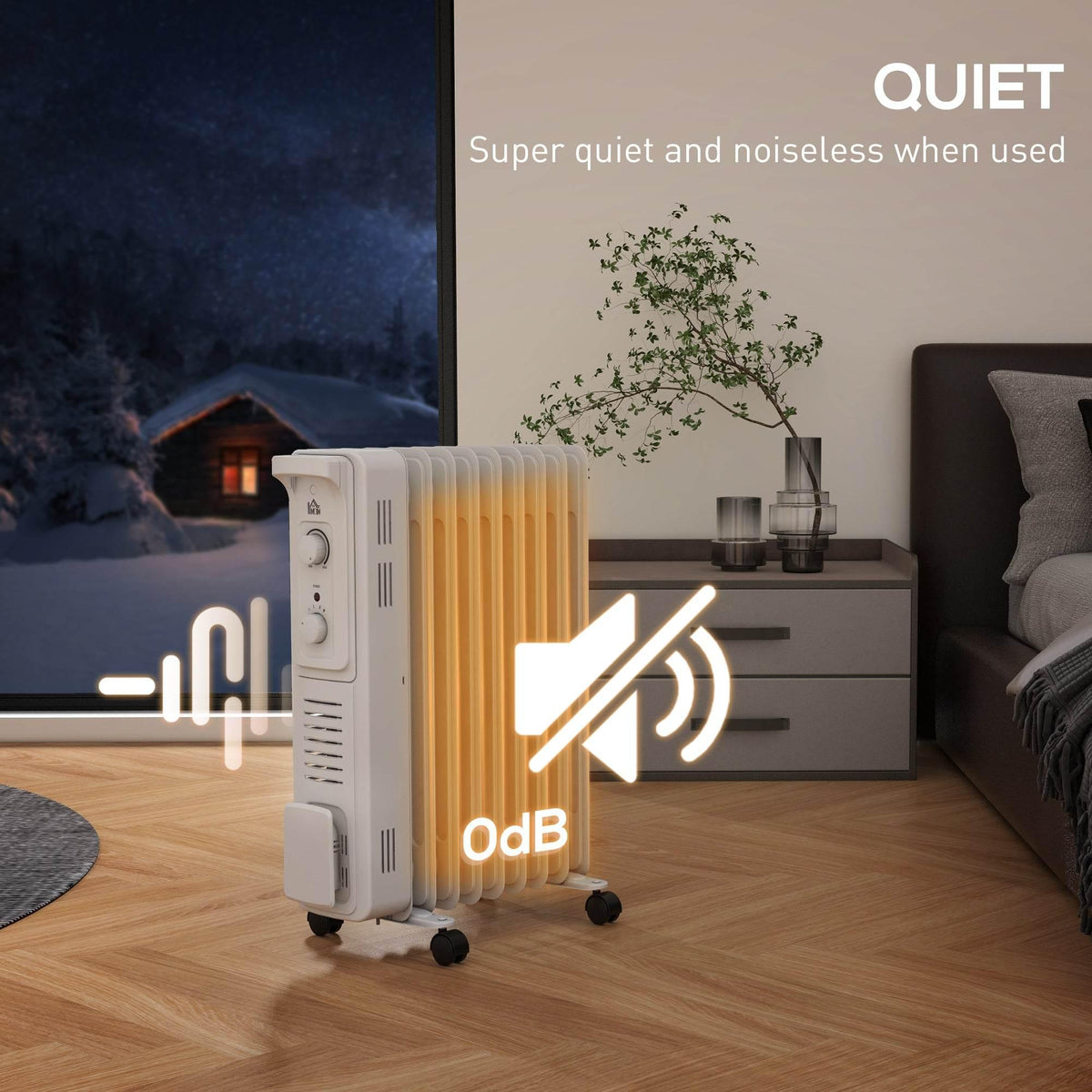 White oil-filled radiator heater with front side panel and caster wheels