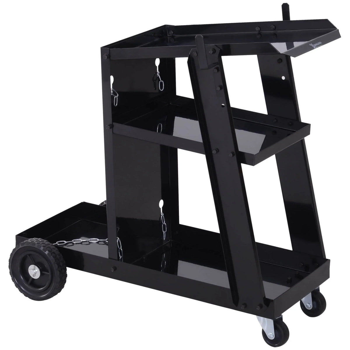 Black heavy-duty welding trolley cart with three tiers and safety chains on caster wheels