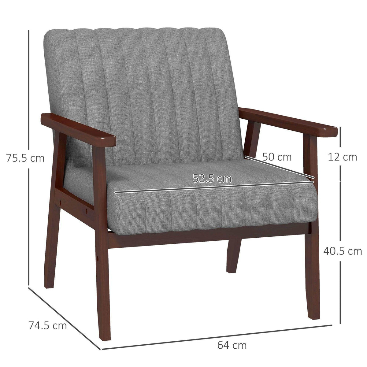 Grey upholstered armchair with vertical channel tufting and dark wood armrests