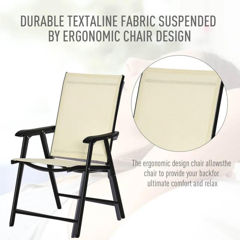 Beige textaline mesh seat folding garden chair with dark metal frame and backrest