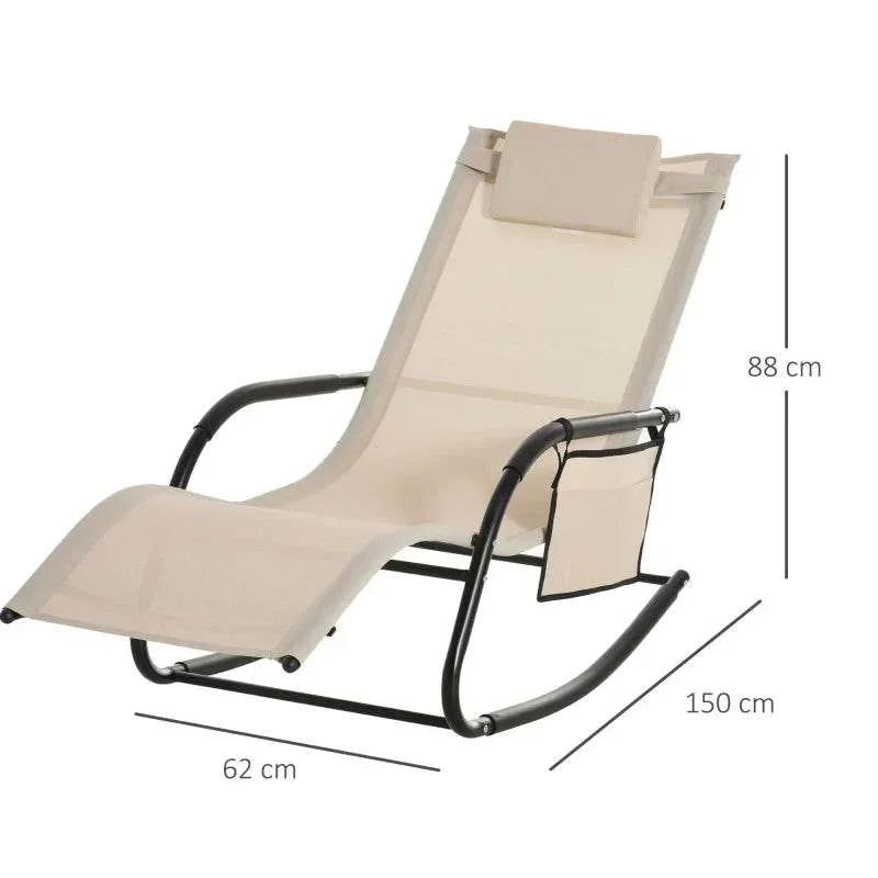 Cream mesh patio rocking sun lounger with padded headrest and armrest