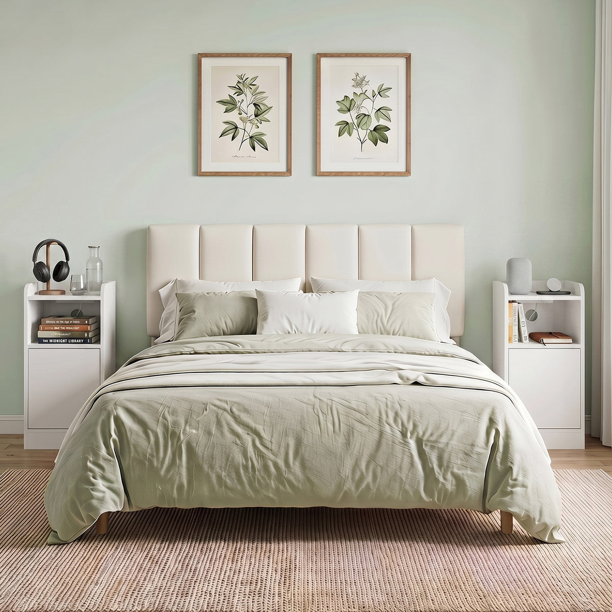 Set of 2 slim white bedside tables with open shelves and charging area beside bed