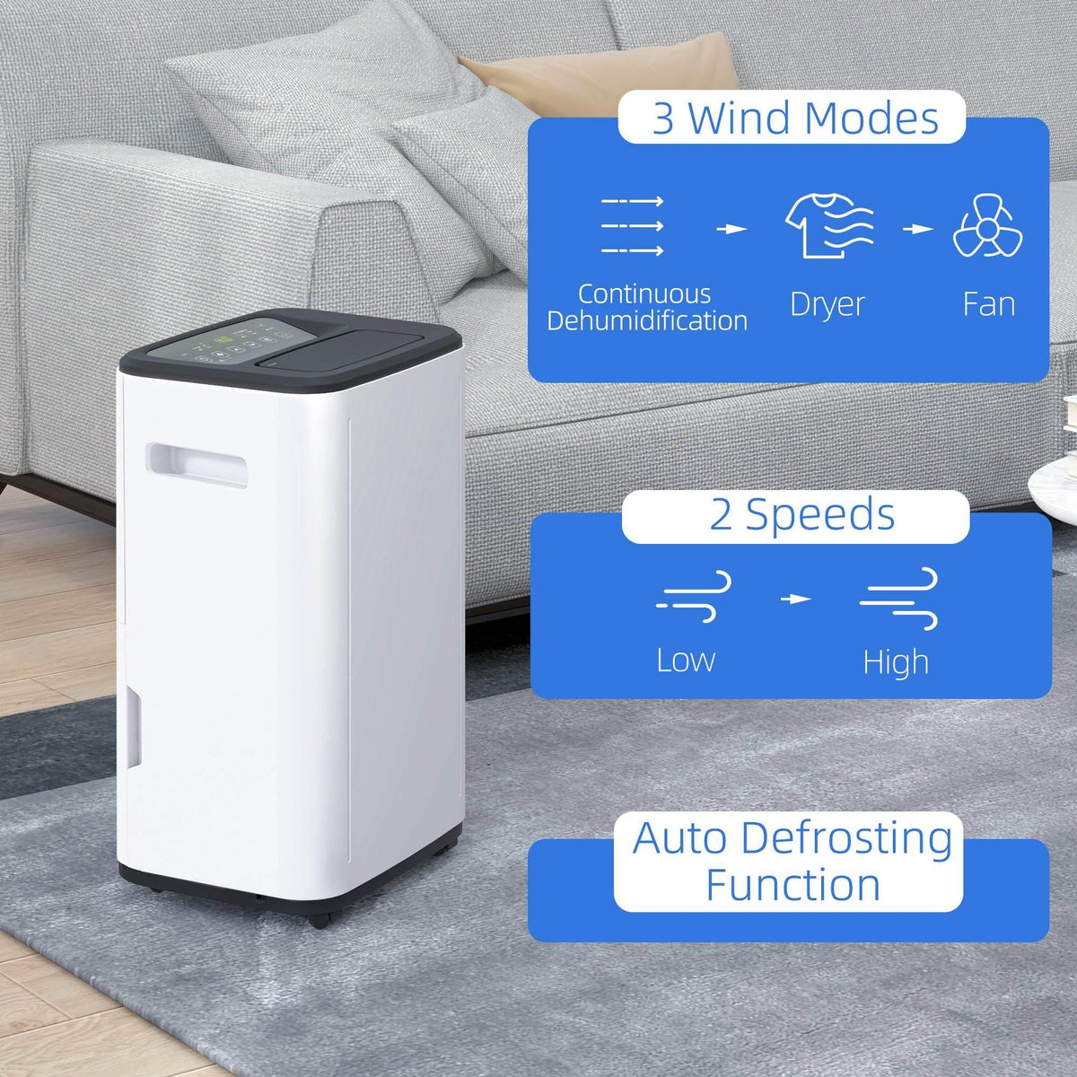 White dehumidifier next to sofa with fan mode and speed options display