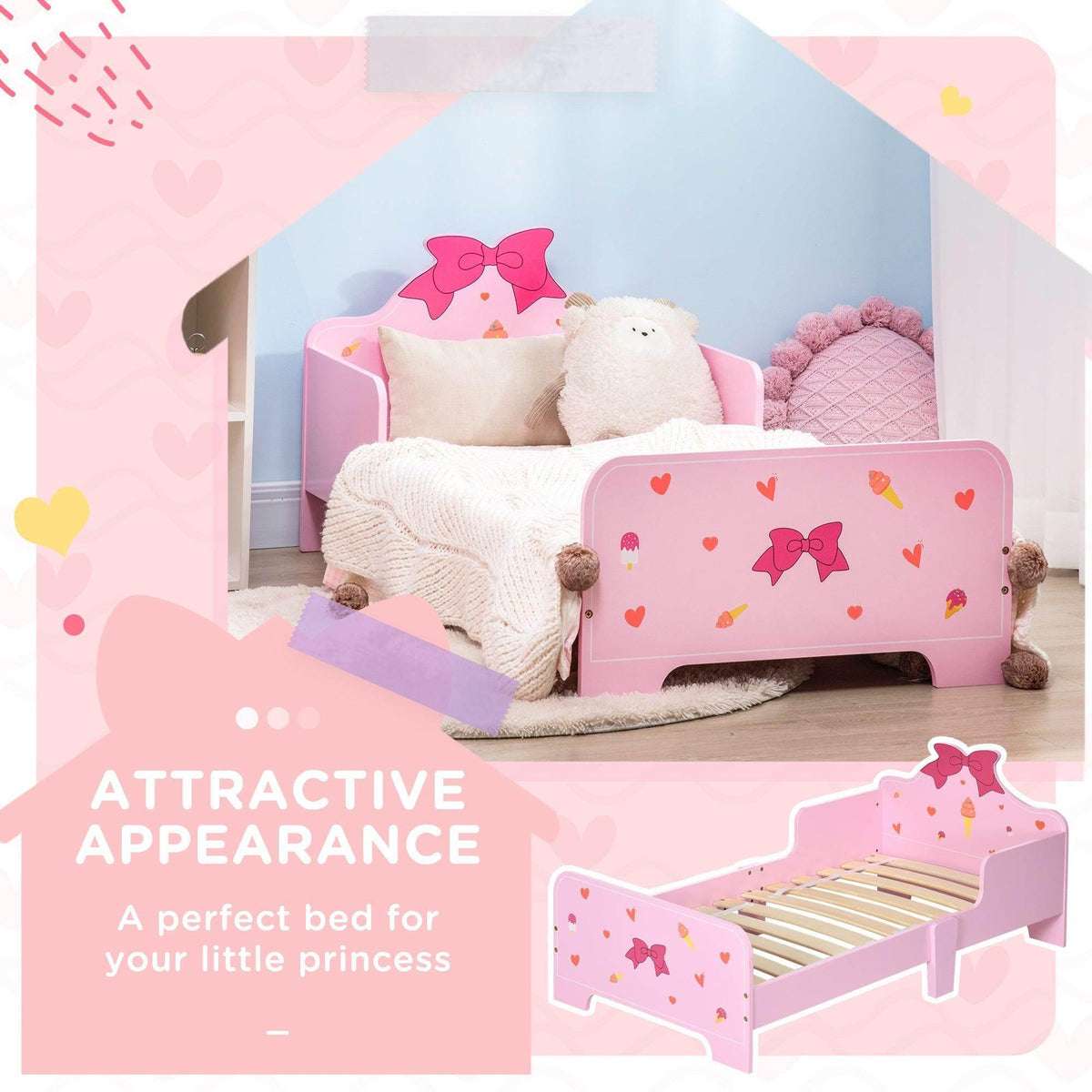 Pink princess-themed kids bed with bow-heart decals and matching headboard