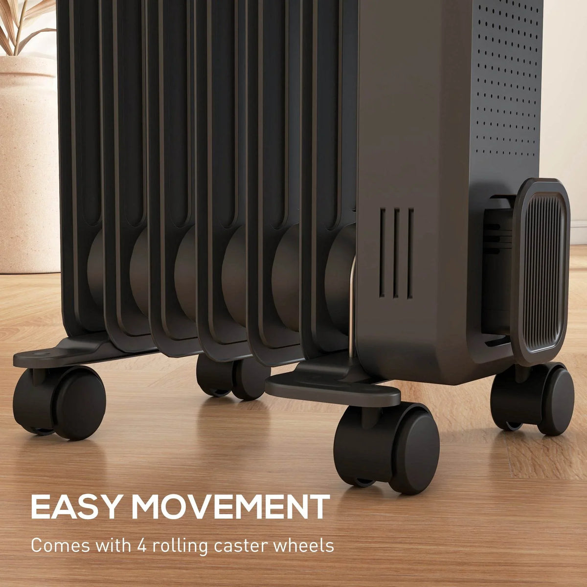 Oil-filled heater with close-up of vertical fins and rolling caster wheels
